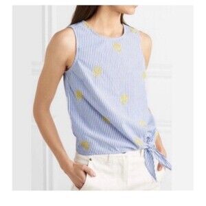 J. Crew Sz 8 Pineapple Embroidered Seersucker Tank Top Blue Tie Knot Sleeveless